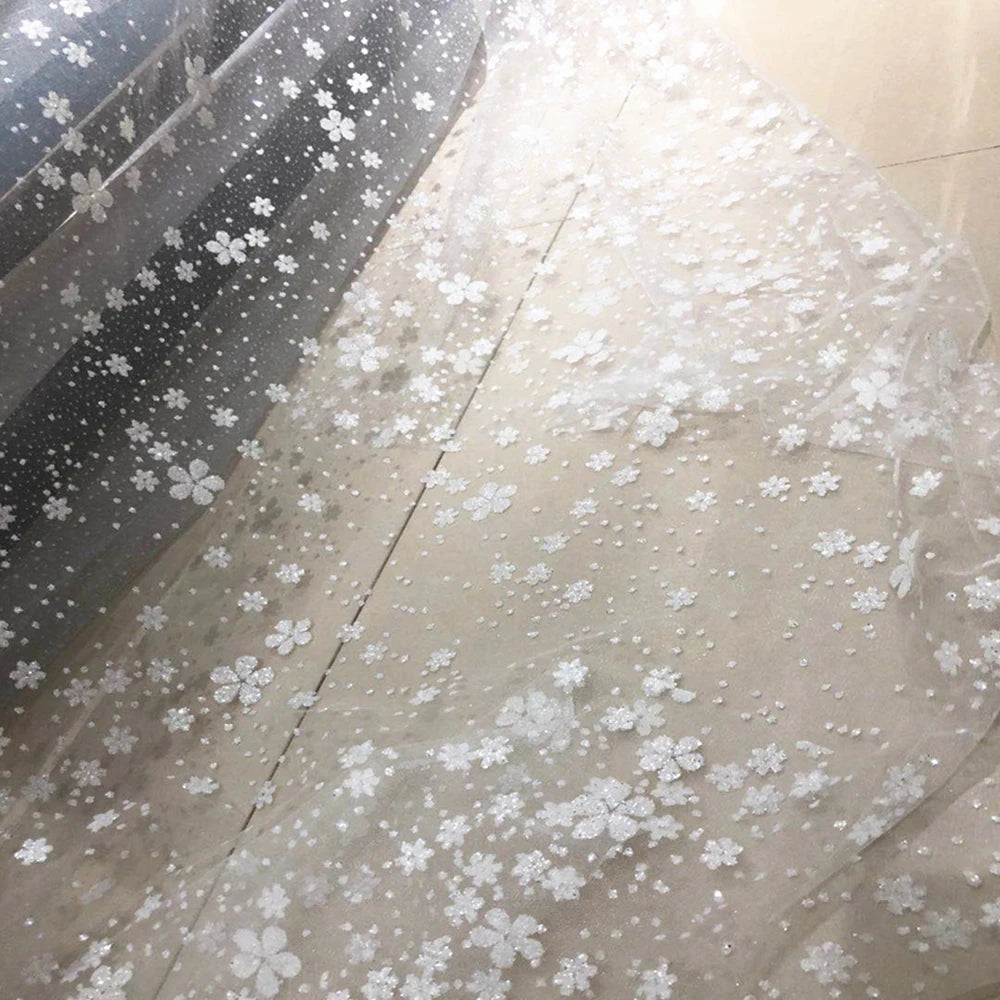 Renewal 3D Snowflake Flower Glitter Silver Spray Transparent Tulle Fabric for Home Decor Wedding Dress Making