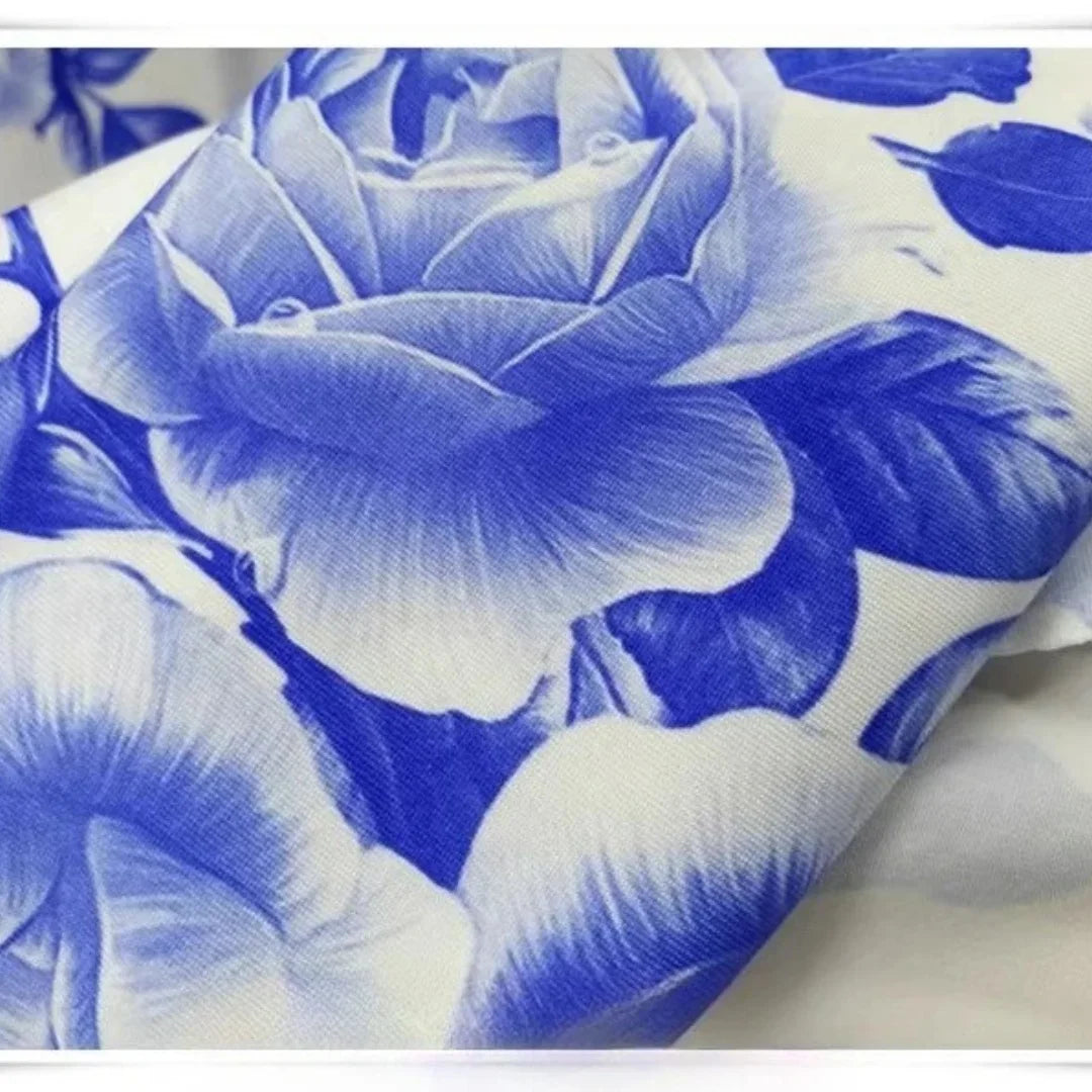 Blue Rose Embroidered Silk Fabric - Porcelain for Evening Gowns & Shawls