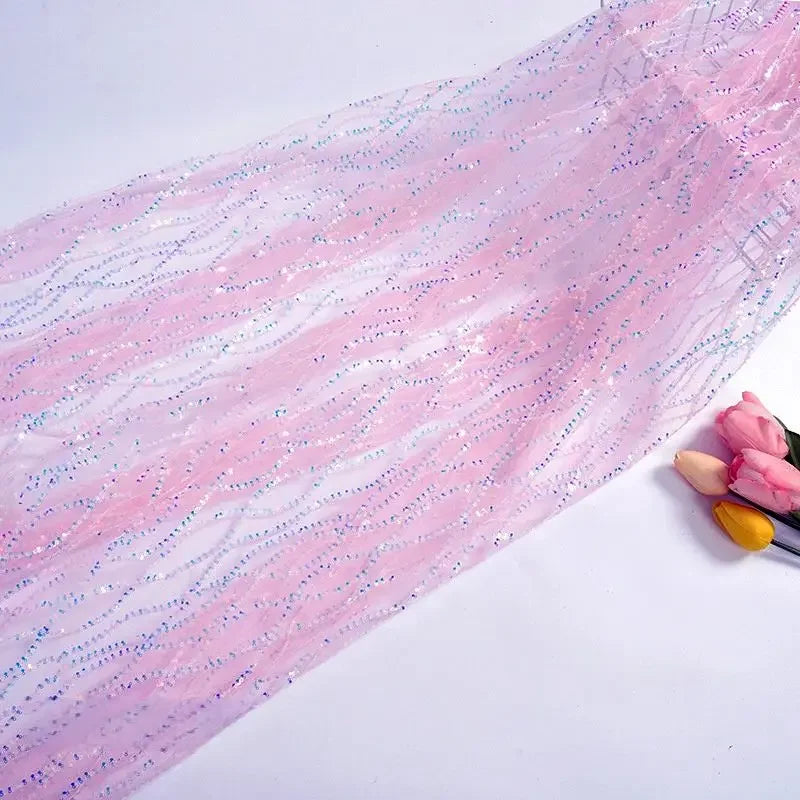 Luxury Sequin Embroidered Lace Mesh Fabric - Glittery Overlay Material
