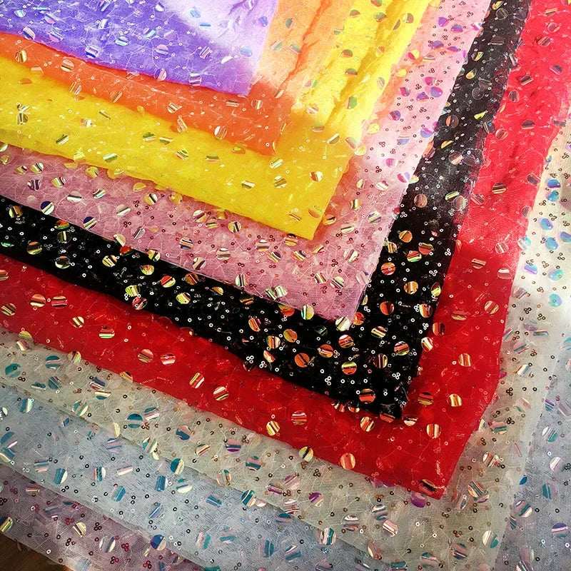 قماش تطريز شبكي مطرز بالترتر الملون، فستان نسائي عصري، خلفية حفل زفاف، مصنوع يدويًا، DIY