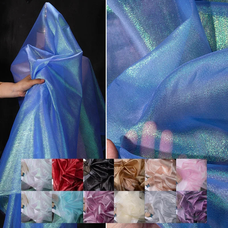 أزرق أسود أحمر وردي لامع شفاف قليلاً من الأورجانزا فستان زفاف فستان سهرة زي مسرحي قماش مزخرف