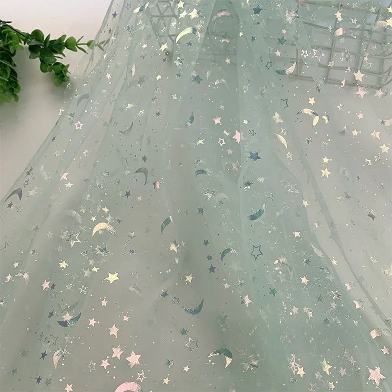 Dreamy Mesh Fabric For Children In Princess Style With Colored Star And Moon Printed Pattern Suitable For Wedding Dress Designer