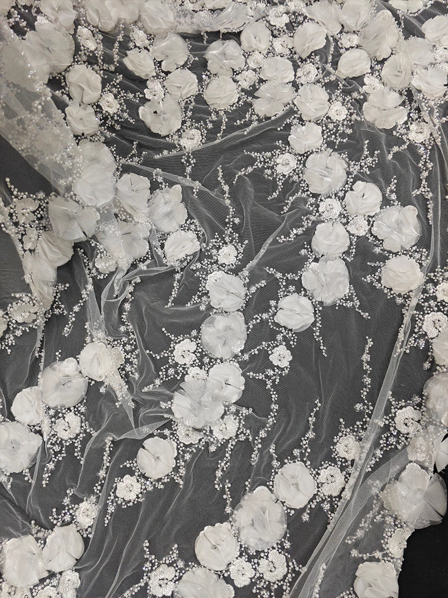 Nueva tela blanca tridimensional con bordado de cuentas para boda, tela de diseño de encaje para vestido de novia cosida