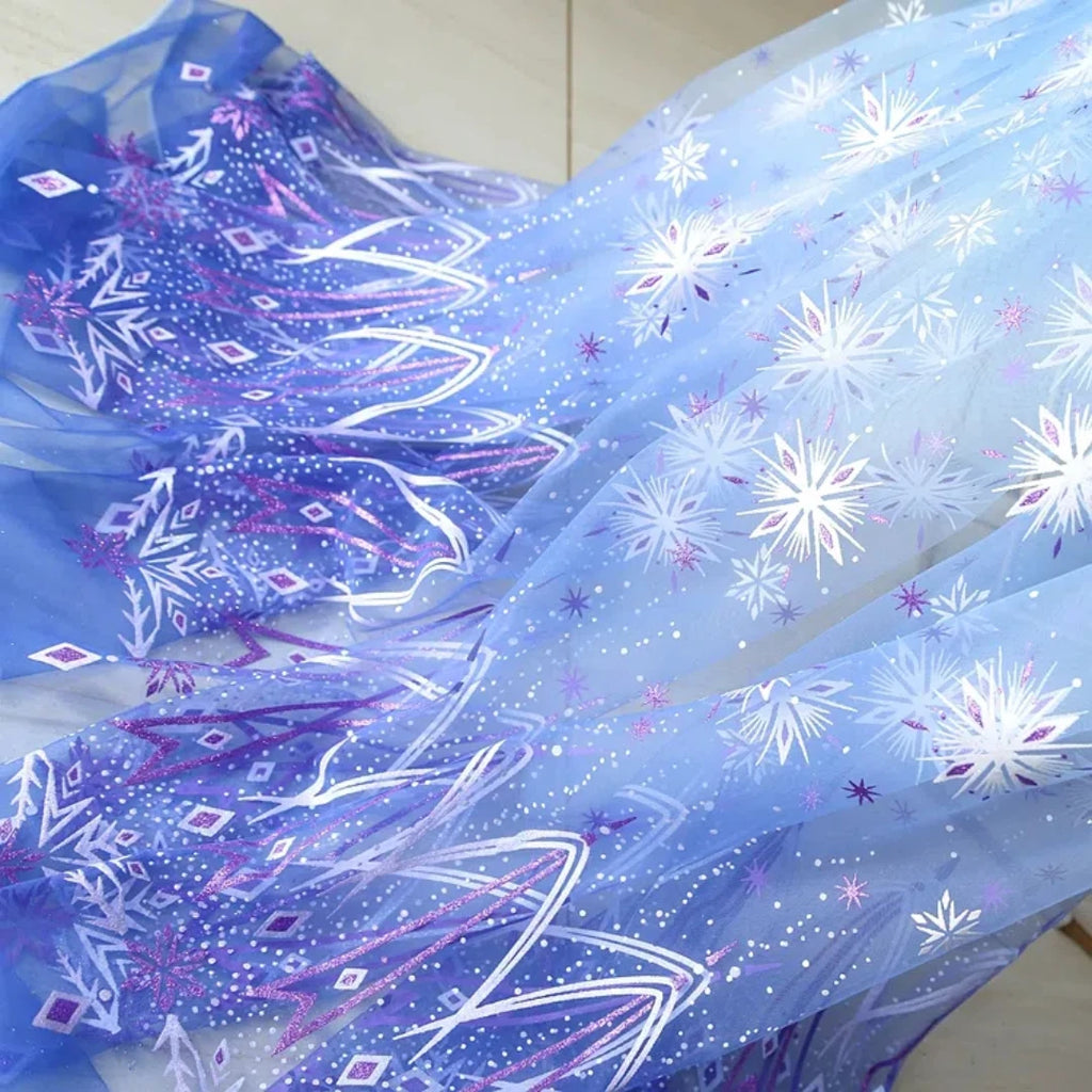 Tela de malla para vestido de Elsa con copos de nieve y hielo en azul oscuro, degradado de doble cara, tela de malla azul claro para vestido de media falda infantil