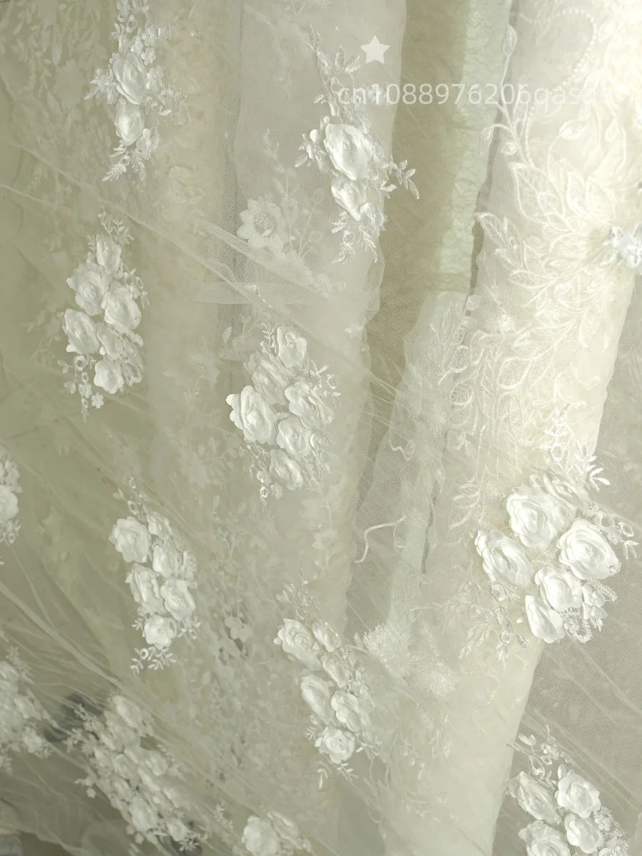 Three-dimensional dreamy white rose embroidery lightweight and transparent mesh fabric suitable for wedding dresses formal gowns