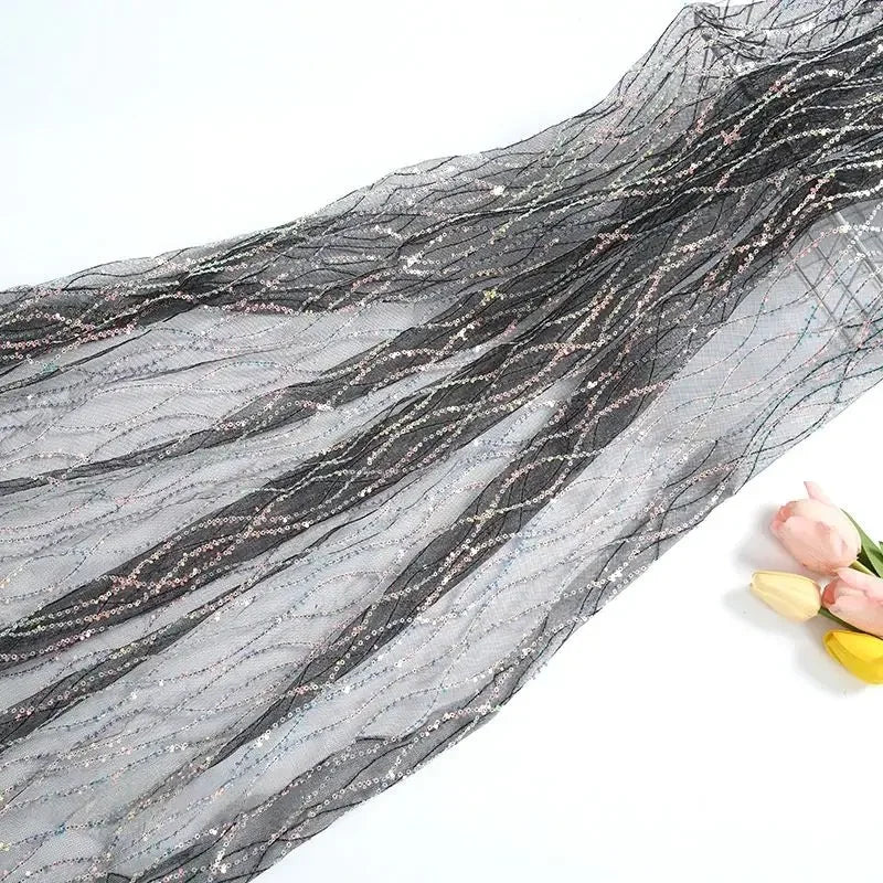 Luxury Sequin Embroidered Lace Mesh Fabric - Glittery Overlay Material