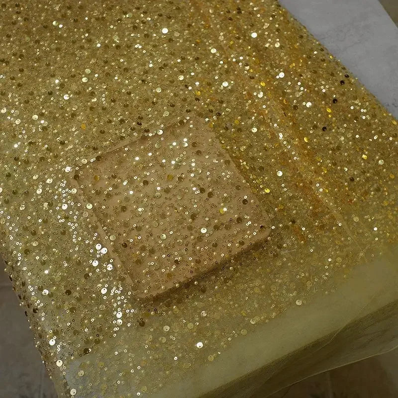 1.5m Wide Encryption Various colors Bead Embroidery Sequin Mesh Lace Fabric for Wedding Dresses Stage Clothing