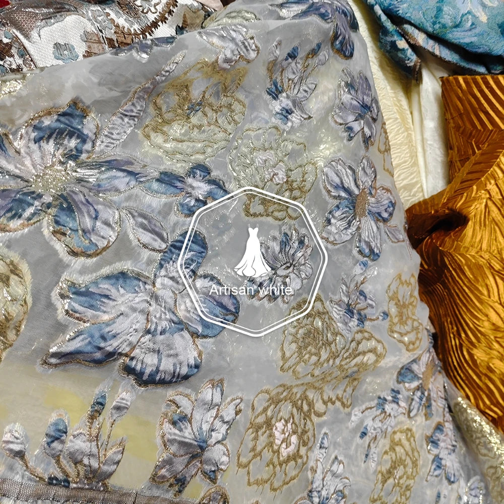 Tela jacquard bordada con flores metálicas para vestidos de lujo, abrigos y vestidos, material de costura DIY.