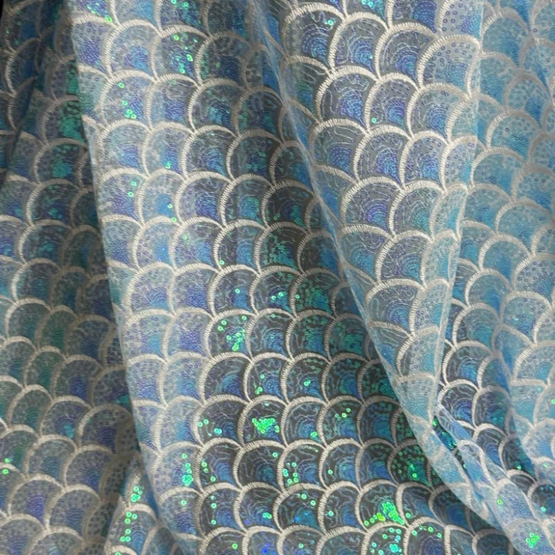 Mermaid Fish Scale Sequin Lace Mesh Fabric - Iridescent Holographic
