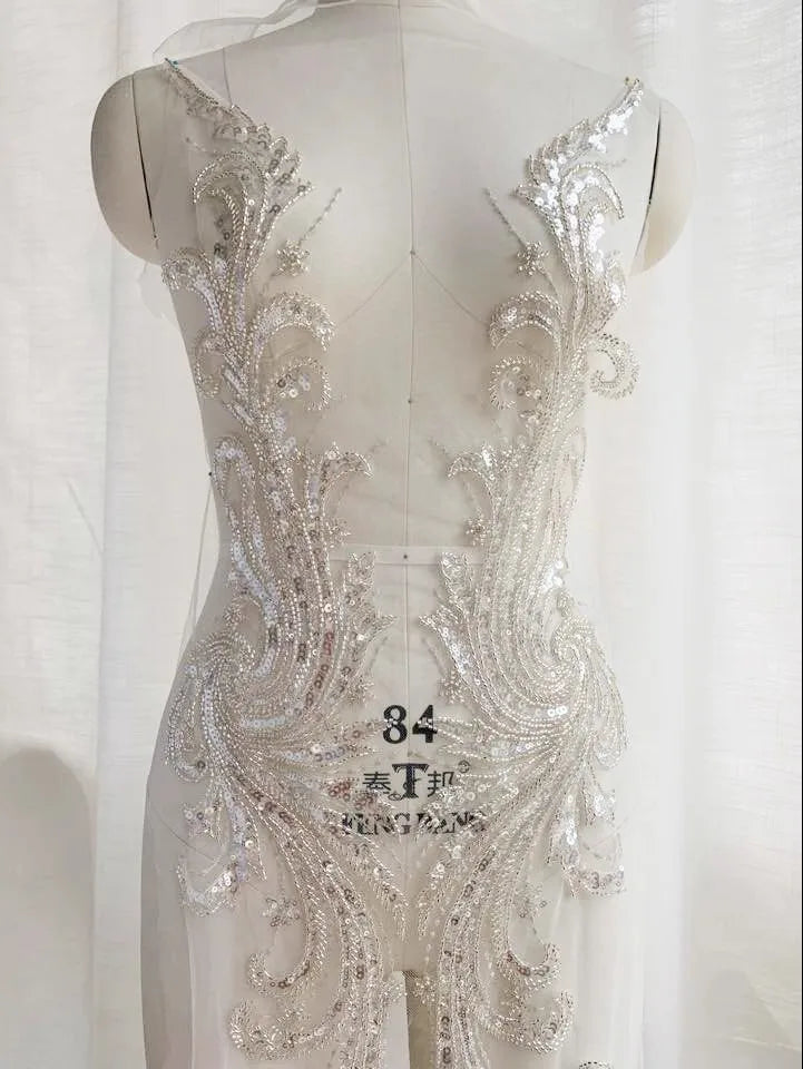 Accesorios de encaje con lentejuelas bordadas de cuentas negras y plateadas de lujo de alta calidad para costura y decoración de vestidos de novia.