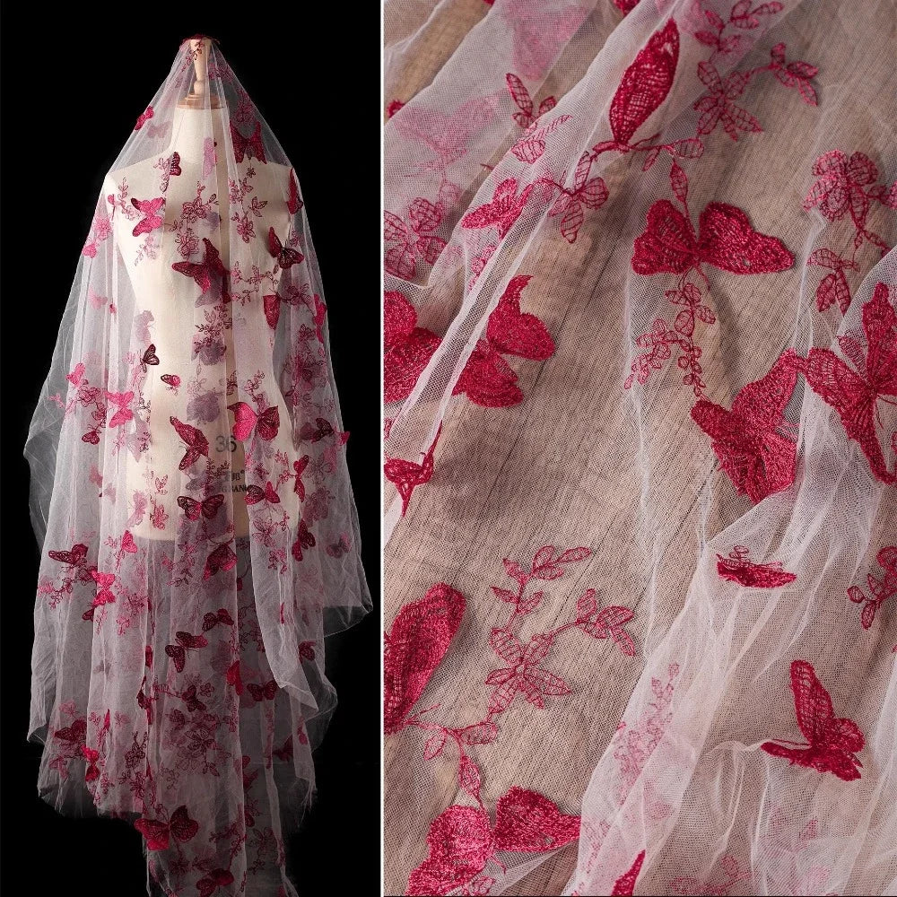 قماش شبكي مطرز يدويًا على شكل فراشة من الدانتيل الزهري ثلاثي الأبعاد لفساتين الزفاف، مادة حرفية للخياطة الإبداعية