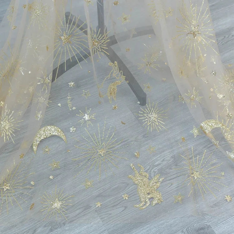 Golden Seahorse Moon Embroidery Mesh Fabric - Hot Fix Powder Material 130cm