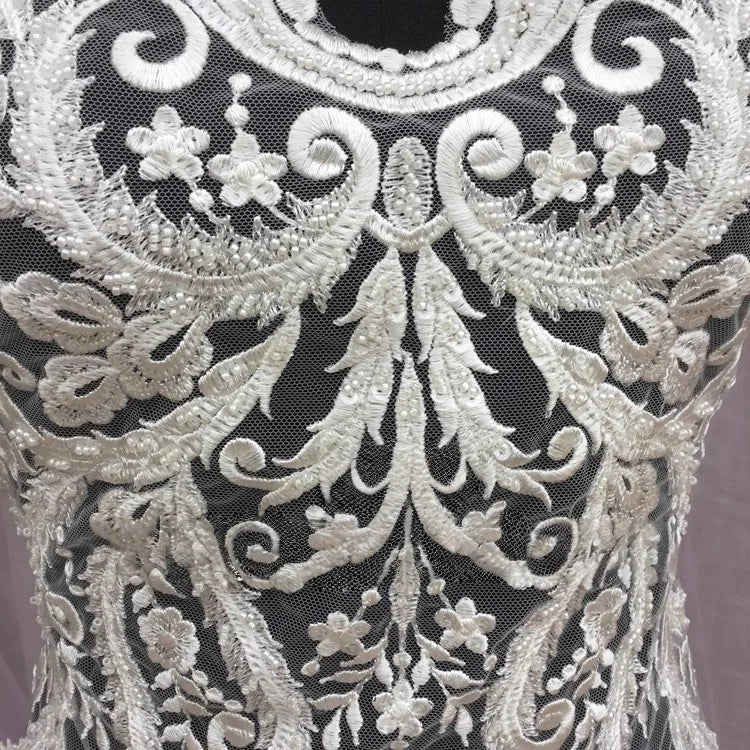 فستان زفاف فاخر من Mibai Black Sewing عالي الجودة، مزين بخرز فاخر وياقة من الدانتيل ونقشة زهور على الظهر