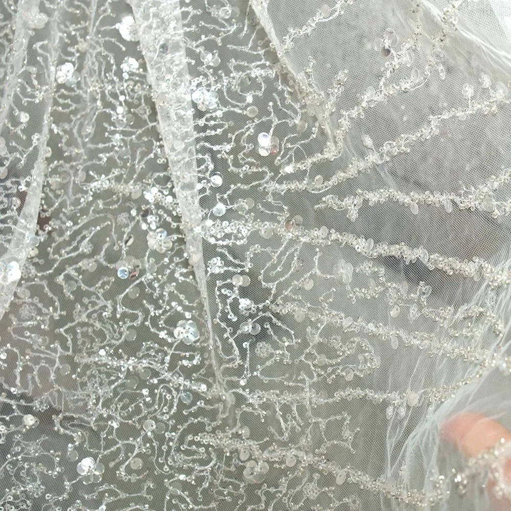 Silver Sequin Beaded Tulle Fabric Sparkle Embroidery Mesh For Evening Dress Bridal Veil Party Decor Luxury Textile Material