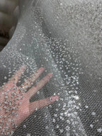 قاعدة فلاش، ترتر شبكي أبيض، ختم ساخن، رذاذ فضي، قماش فستان زفاف فلاش ناعم، قماش