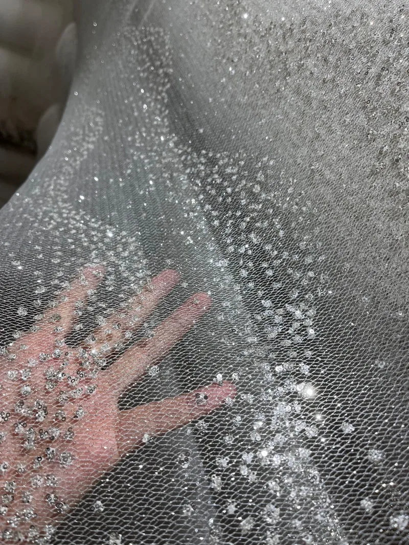 Flash base, white grid sequins, hot stamping, silver spray, fine flash wedding dress fabric, fabric