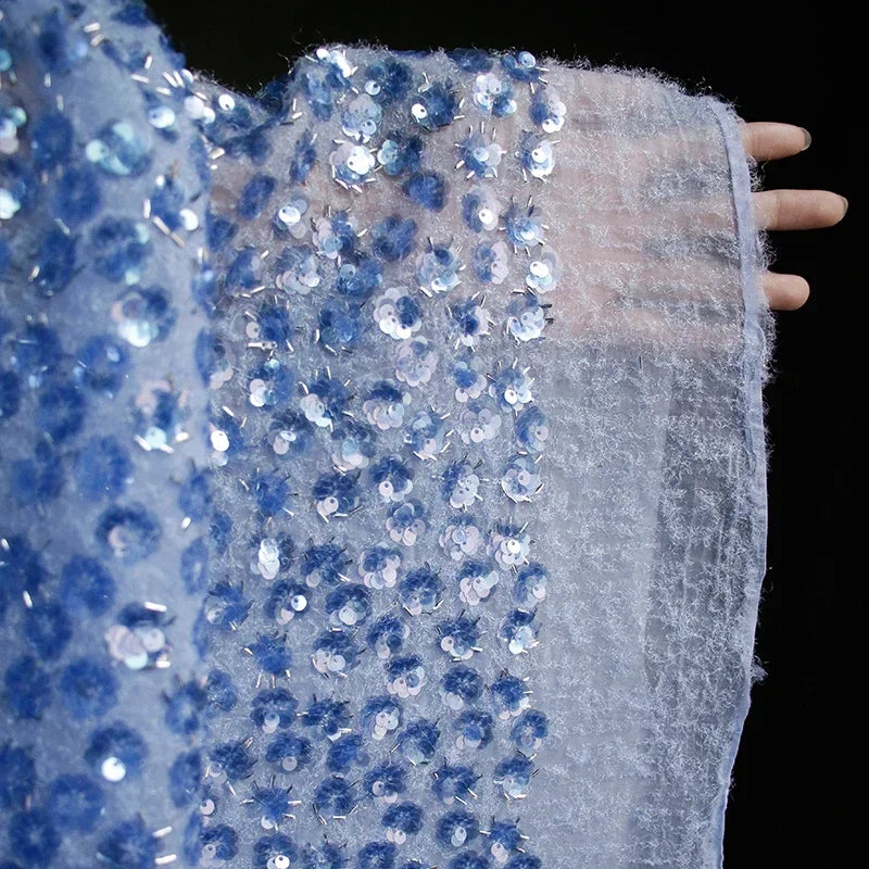 Tela de felpa azul de alta gama con bordado de cuentas y lentejuelas para costura de ropa de escenario, diseño de ropa infantil