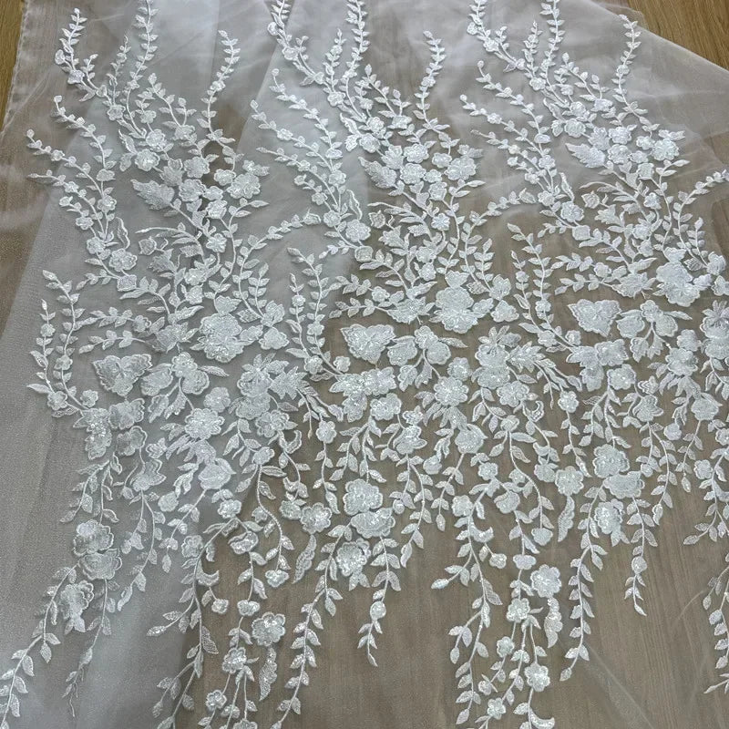 New Lace Transparent Mesh Fabric Embroidery Flower Sequins Tree Leaves Sewing Wedding Dress Evening Gown Lace Fabric