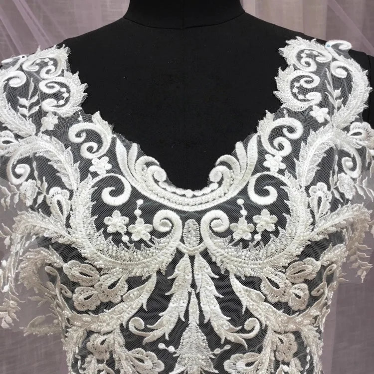 فستان زفاف فاخر من Mibai Black Sewing عالي الجودة، مزين بخرز فاخر وياقة من الدانتيل ونقشة زهور على الظهر