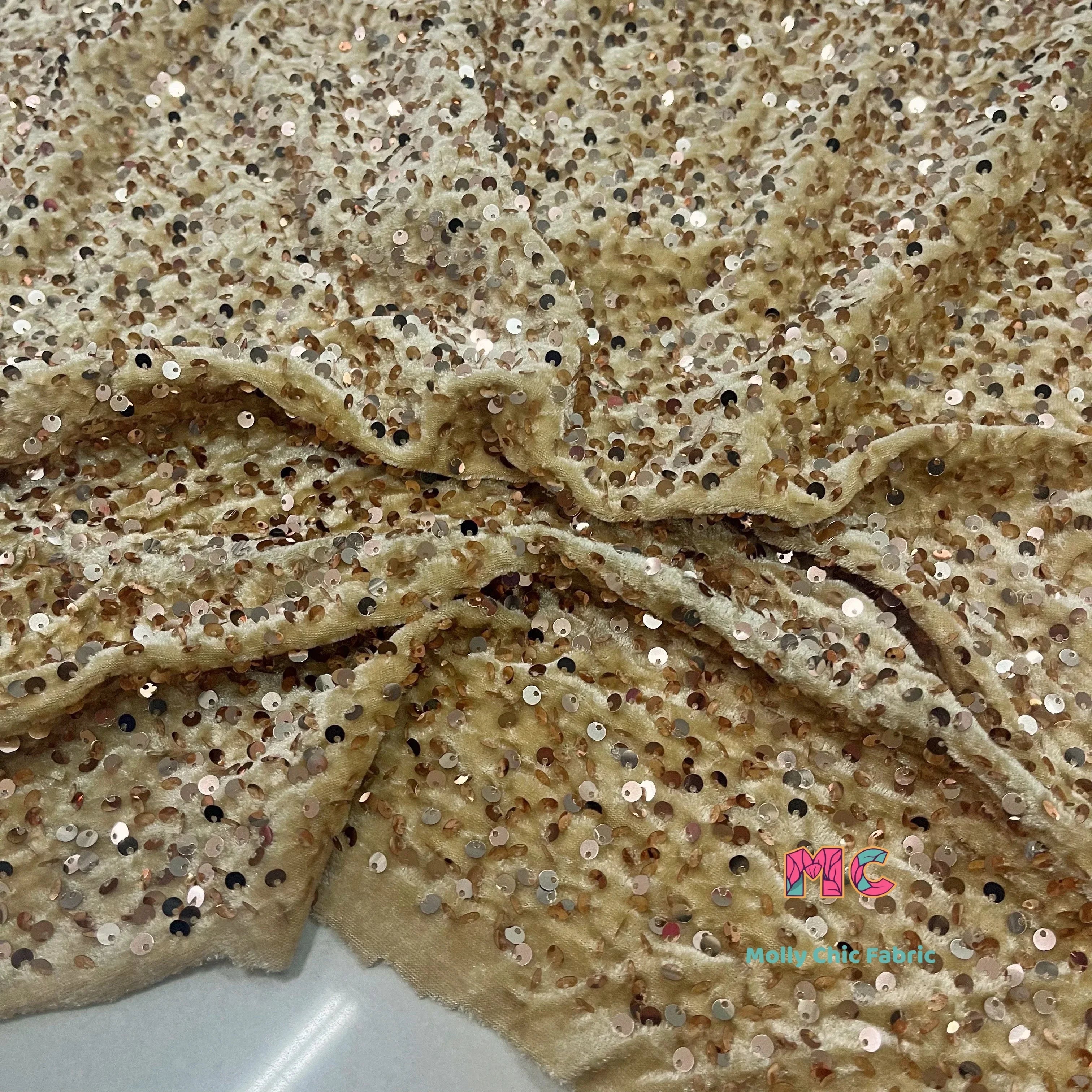 Tela elástica de terciopelo con lentejuelas y bordado tridimensional para costura de vestidos de noche y ropa.