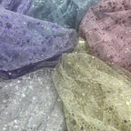 Crystal net lace iridescent silver glitter fabric for princess dress shiny embroidery bright silk mesh fabric for  costume DIY