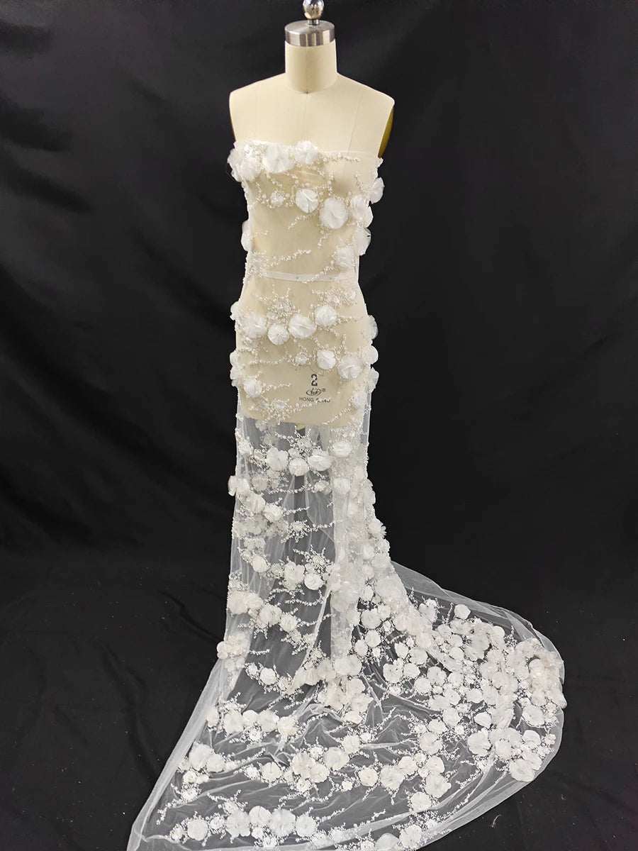 Nueva tela blanca tridimensional con bordado de cuentas para boda, tela de diseño de encaje para vestido de novia cosida