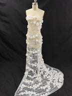 Nueva tela blanca tridimensional con bordado de cuentas para boda, tela de diseño de encaje para vestido de novia cosida