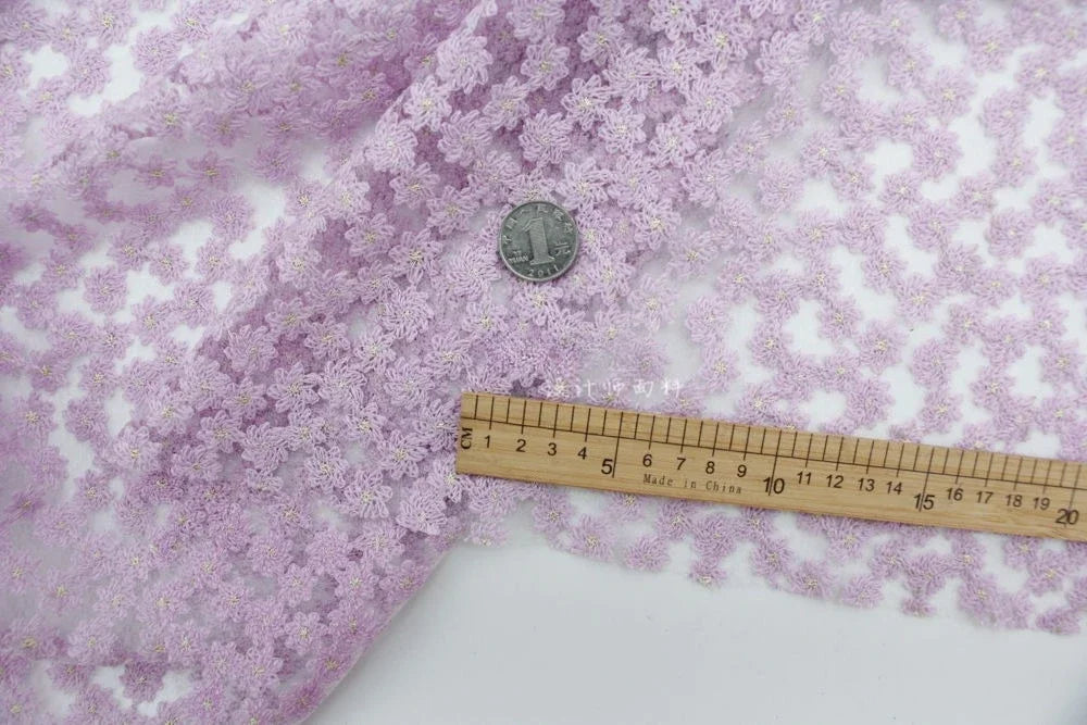 Violet Orchid Star Net Fabric With Gold Silk Thread Purple Rose Embroidered Lace Fabric For Dress DIY Cheongsam Gown Decoration