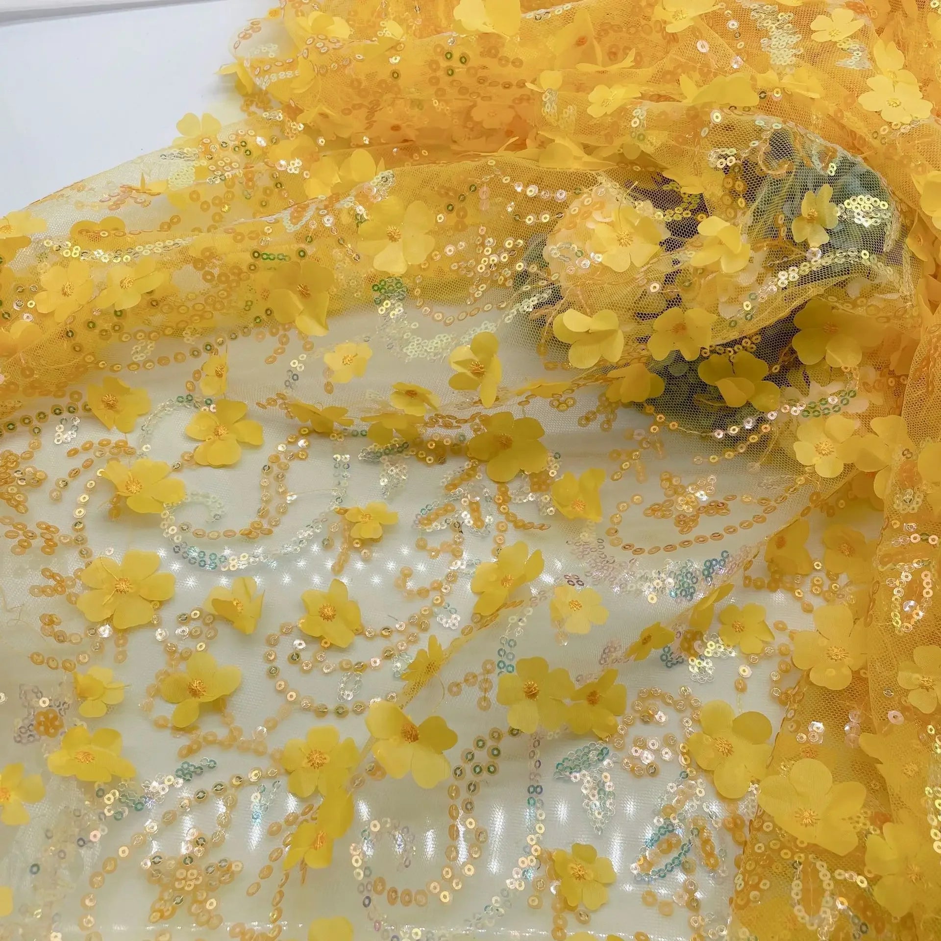 قماش تول فاخر مطرز بترتر ثلاثي الأبعاد مع تصميم زهور، مناسب لفساتين الزفاف والأزياء المسرحية
