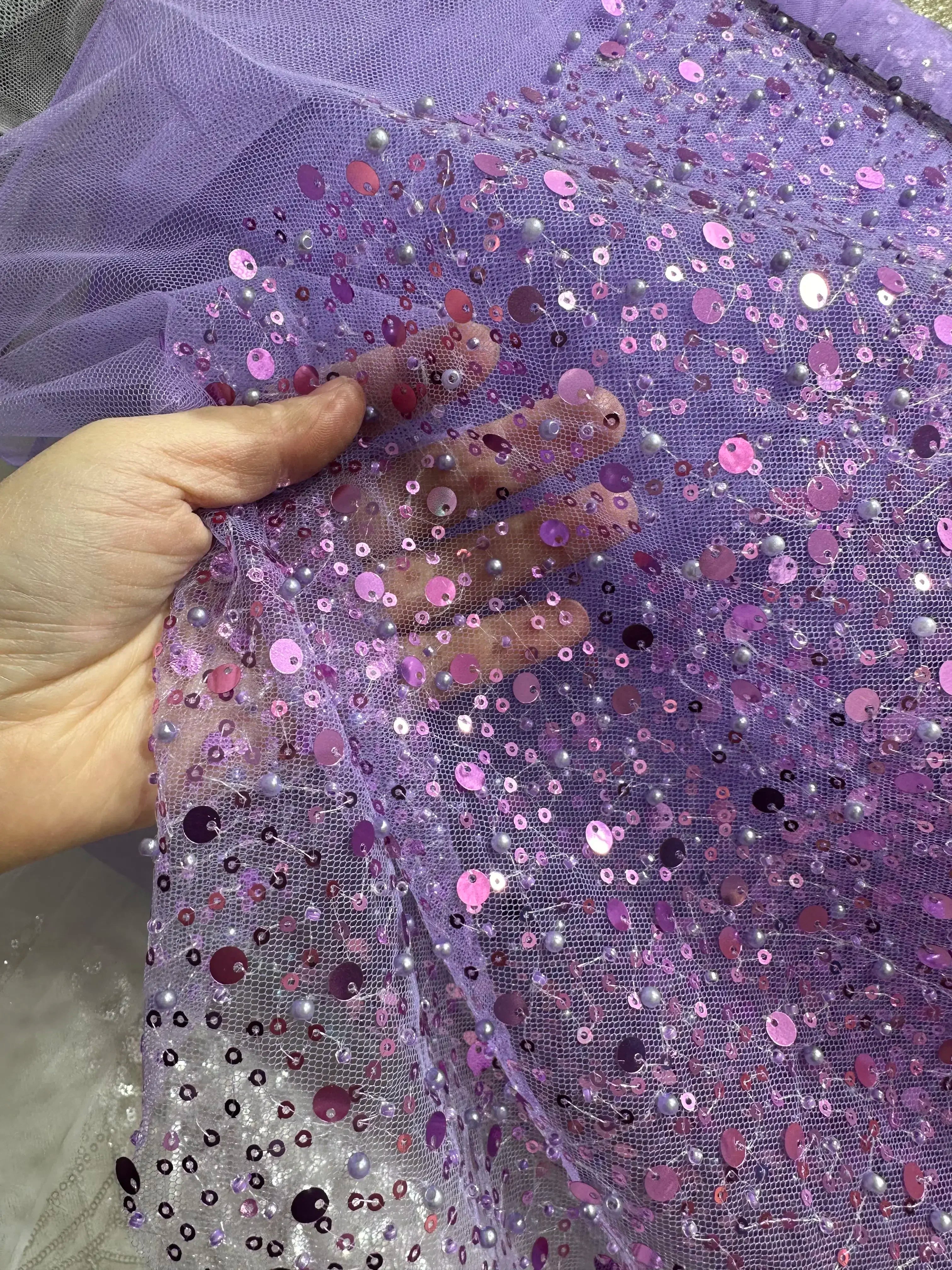 Gold Purple Red Embroidery Sequins Nail Bead Fabric Sewing Playing Dress Children's Clothing Transparent Mesh Fabric