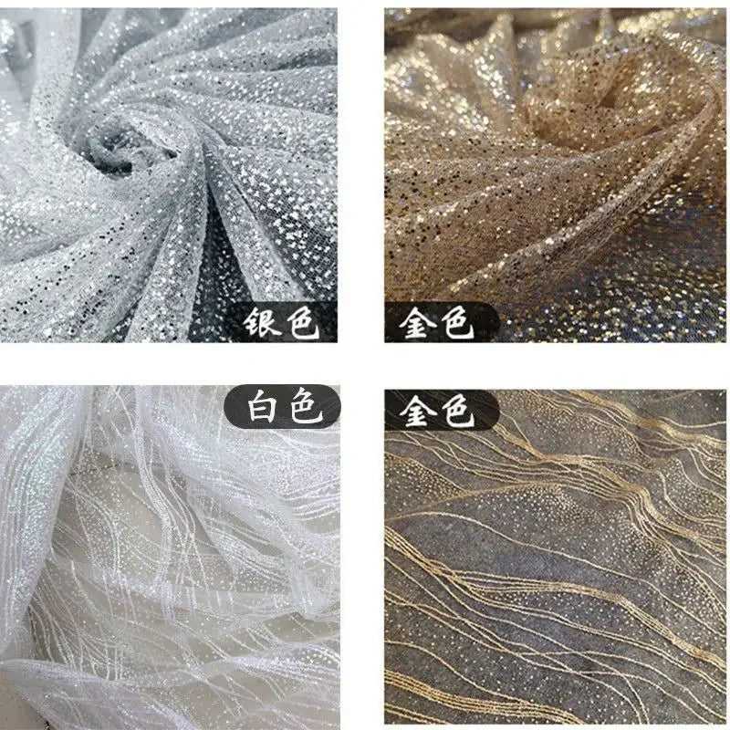 Hot Stamping Gold Glitter Mesh Wave Pattern Fabric - DIY Material 145cm