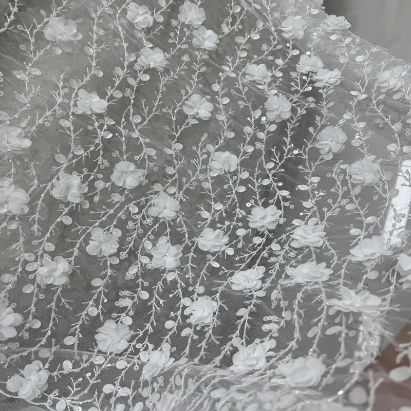Lace Embroidery Branches 3D Velvet Flowers Lace Nail Beads Sequins Fabric - Wedding Dress Material 127cm