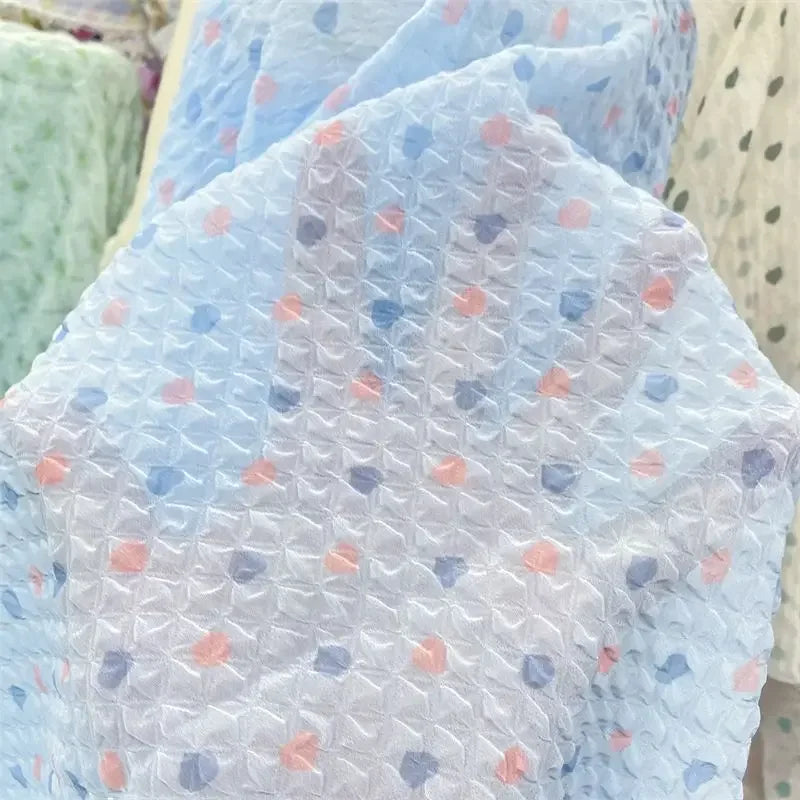 Tela de burbujas arrugada con estampado de corazón de melocotón para ropa de bebé hecha a mano, diadema, vestido infantil, material de textura suave DIY
