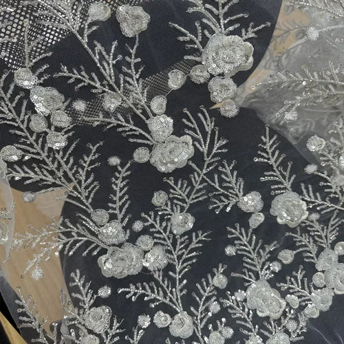 3D Floral Embroidered Beaded Lace Fabric for Bridal and Evening Gowns