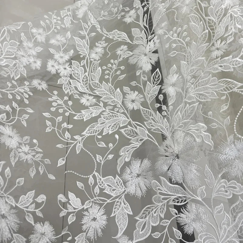 Elegant Petal Leaf Lace Embroidery Sheer Mesh Fabric Lightweight Transparent Textile Bridal Gown Party Dress Decorative DIY Sew