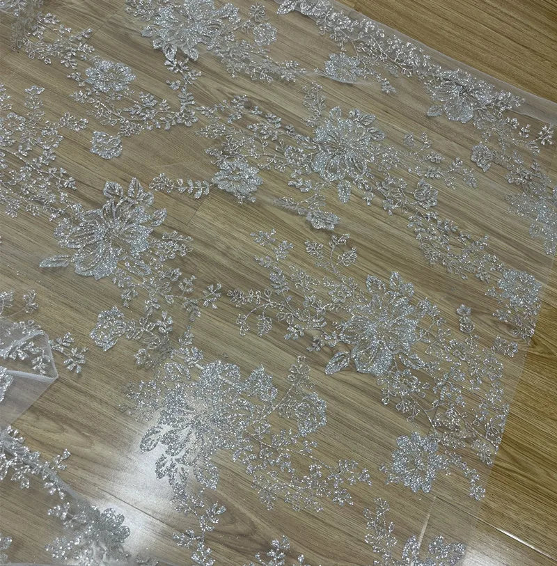 New shiny big flower hot silver powder glitter fabric for wedding dresses, lace transparent mesh accessories, yarn fabric
