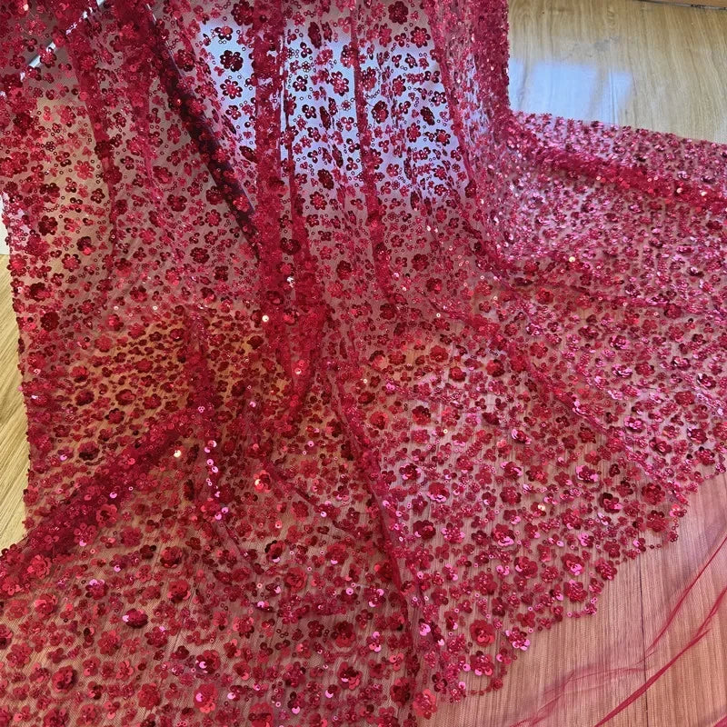 Red White Black Lace Mesh Fabric Bead Nail Bead Sequin Fabric Sewing Evening Gown Wedding Dress Stage Costume