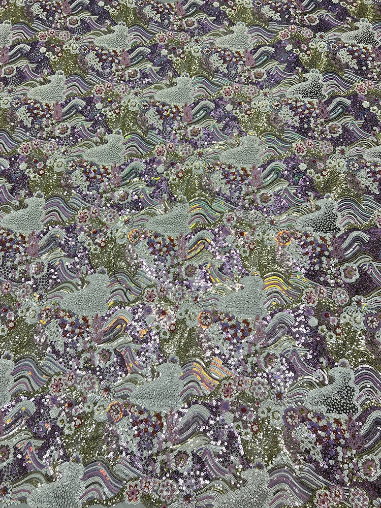 mesh fabric, retro color bead, landscape painting, flower pattern, sequin embroidery fabric, formal dress, qipao dress