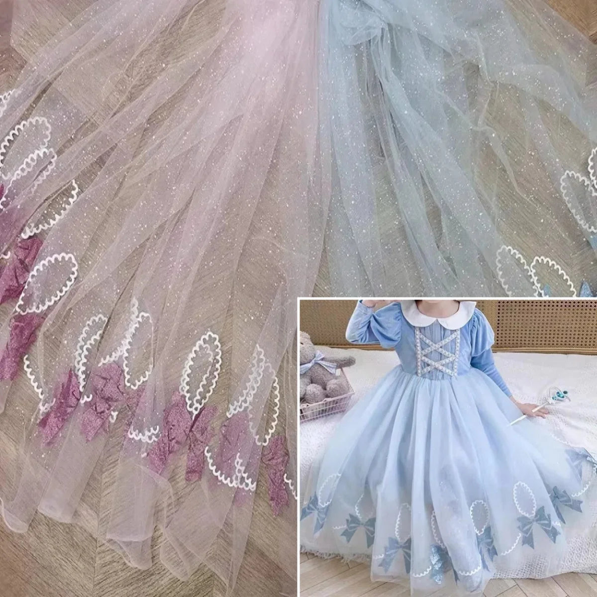 New shining offset-printed bow pattern mesh fabric sewing children's evening dress hem decoration diy lace fabric