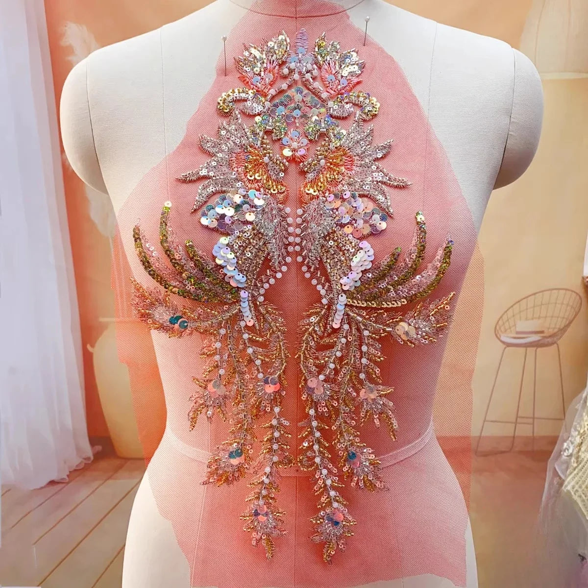 Champagne gold fish scale sequins bead embroidery lace wedding dress evening gown stage costume DIY sewing accessories