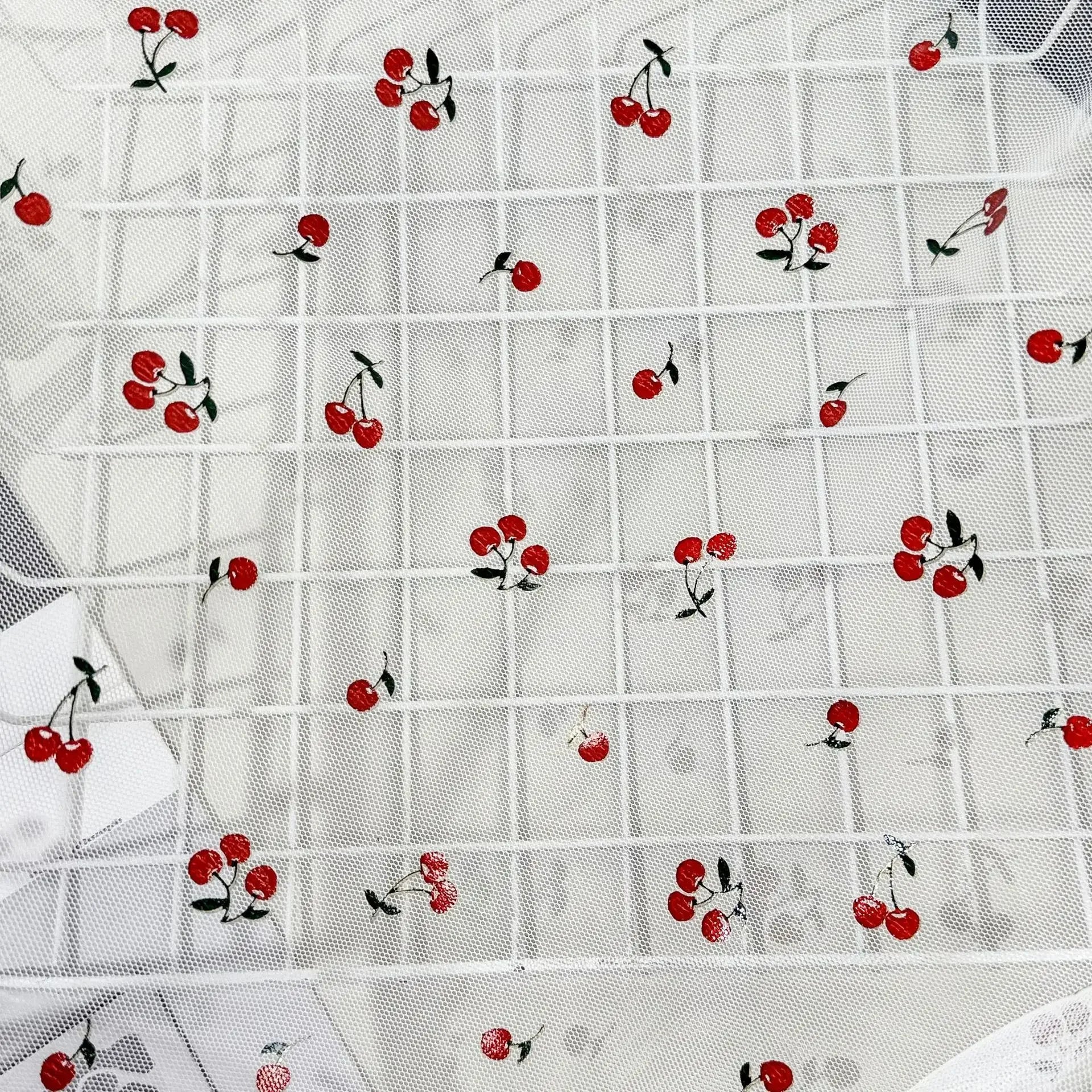 Cherry Print Gold Thread Soft Stretch Mesh Fabric - Sheer Material