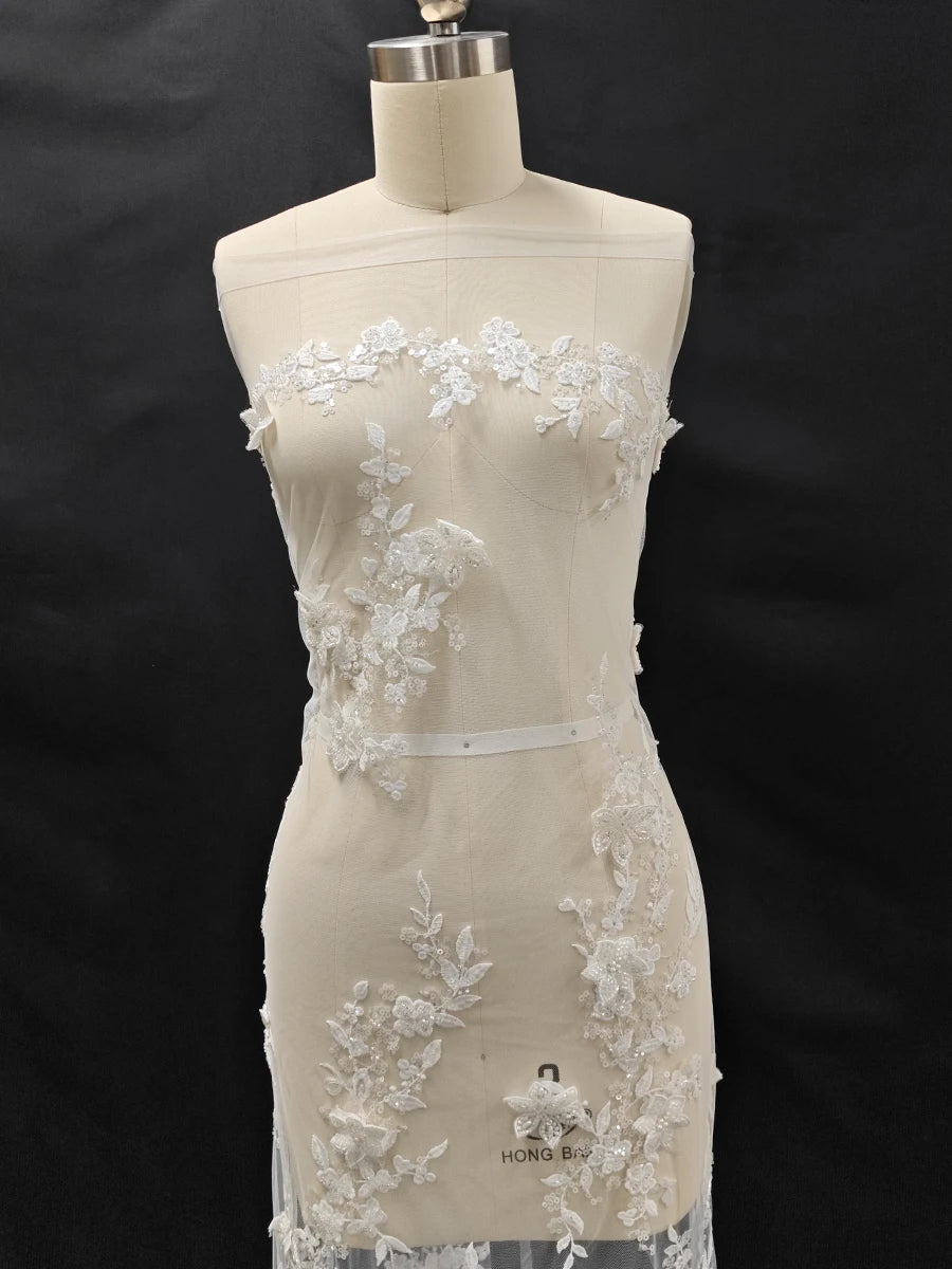 New beaded sequins embroidered lace fabric, large flower branches sewn, high-end wedding dresses, three-dimensional decals
