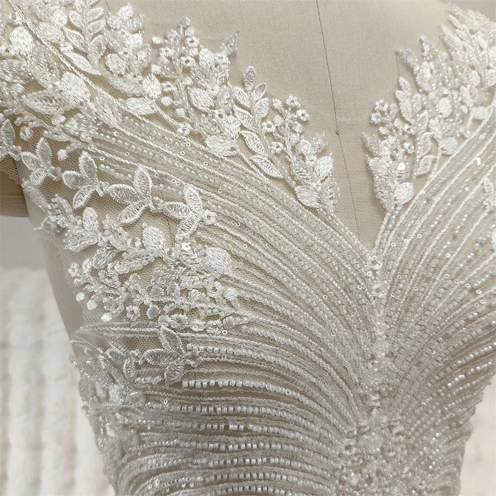 Tela de encaje con borde de flores y cuentas bordadas para vestido de novia, vestido de noche, cheongsam, ropa ahuecada, bricolaje, decoración de pecho hecha a mano