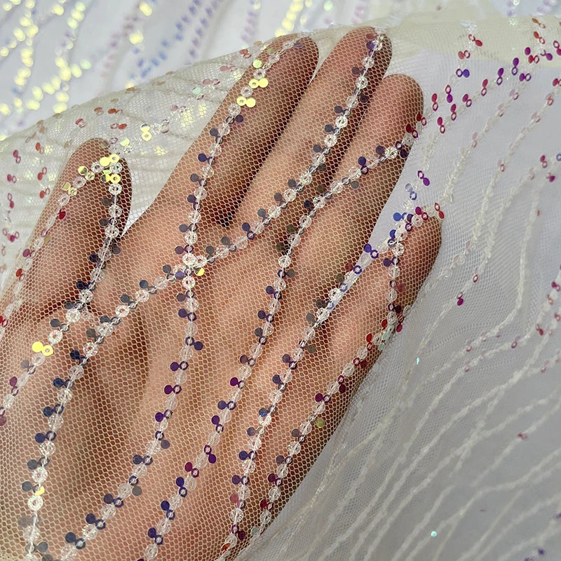 Tela bordada con lentejuelas onduladas, malla ondulada, tela con bordado de cuentas, para vestidos de novia, vestidos y vestuario escénico.