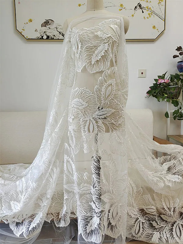 Oferta especial de liquidación: Hojas blancas, cuentas para uñas, tela de encaje, vestido de novia, cheongsam, cortina de puerta bordada, mantel DIY