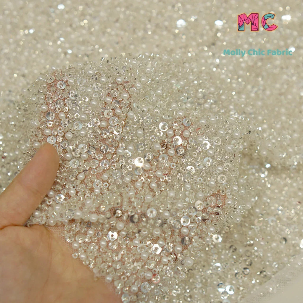 High-End Bead Embroidery Sequins Crystal Mesh Fabric - Luxury Material 130cm