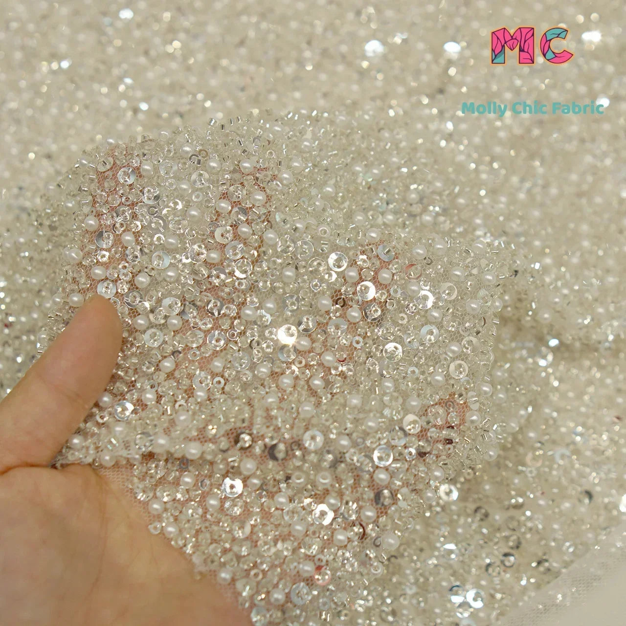 High-End Bead Embroidery Sequins Crystal Mesh Fabric - Luxury Material 130cm