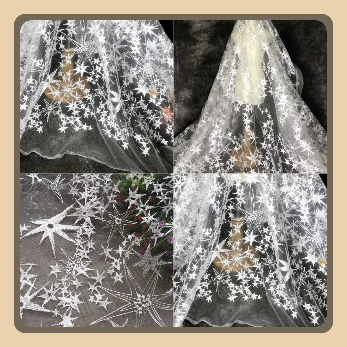 قماش شبكي من الدانتيل المطرز بنجوم خماسية بيضاء متينة لفساتين الزفاف والأزياء ومواد الخياطة اليدوية