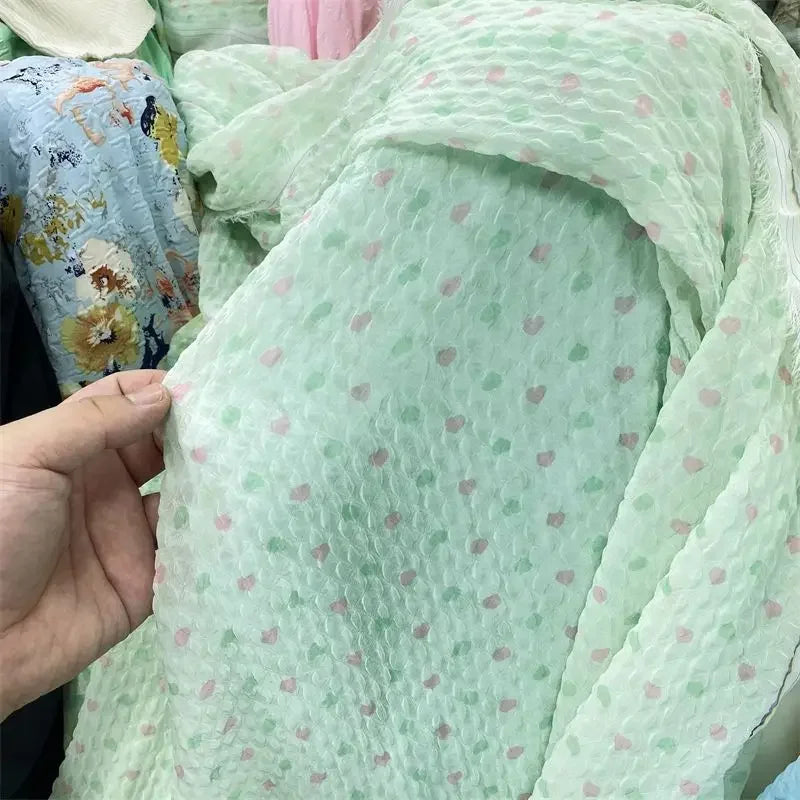 Tela de burbujas arrugada con estampado de corazón de melocotón para ropa de bebé hecha a mano, diadema, vestido infantil, material de textura suave DIY
