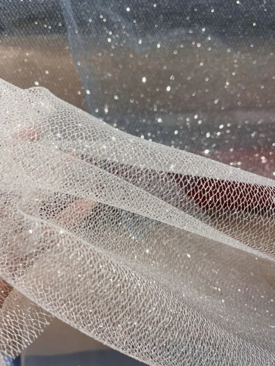 Tela de malla fina con destellos en aerosol plateado brillante para vestido de novia, tela para decoración de fondo DIY